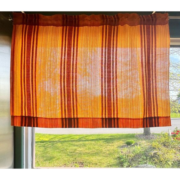 Vintage 70s curtain, orange tones, vertical stripes, rod header single panel - Picture 2 of 9